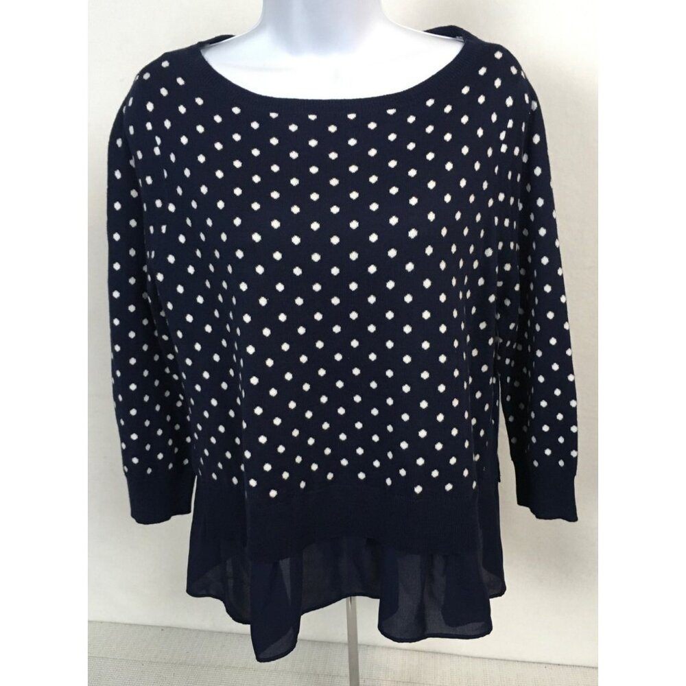 Chaps Womens Sweater Size PL Navy Blue w White Polka Dots 3/4 Sleeves New w Tags